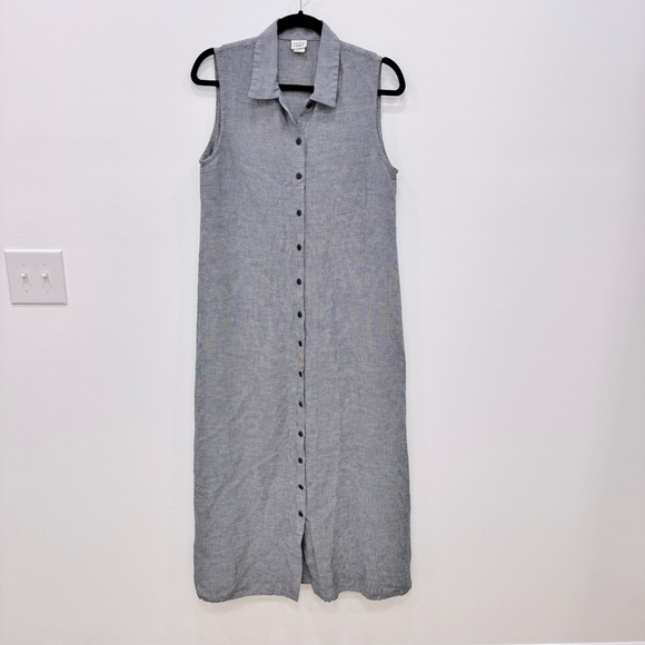 Eileen Fisher Vintage Linen Houndstooth Button Front sleeveless Shirt Dress Maxi - Picture 1 of 8